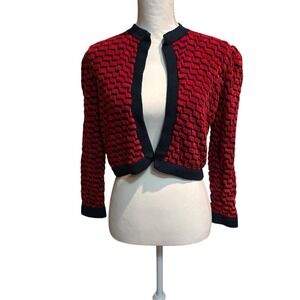 St. John Crop Open Cardigan Red and‎ Blue Chevron and Chenille Size 6 Vintage